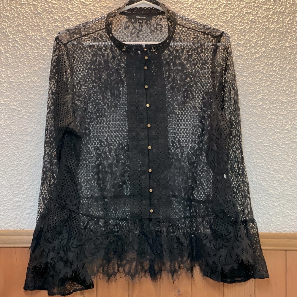 Black sheer lace blouse with gold buttons